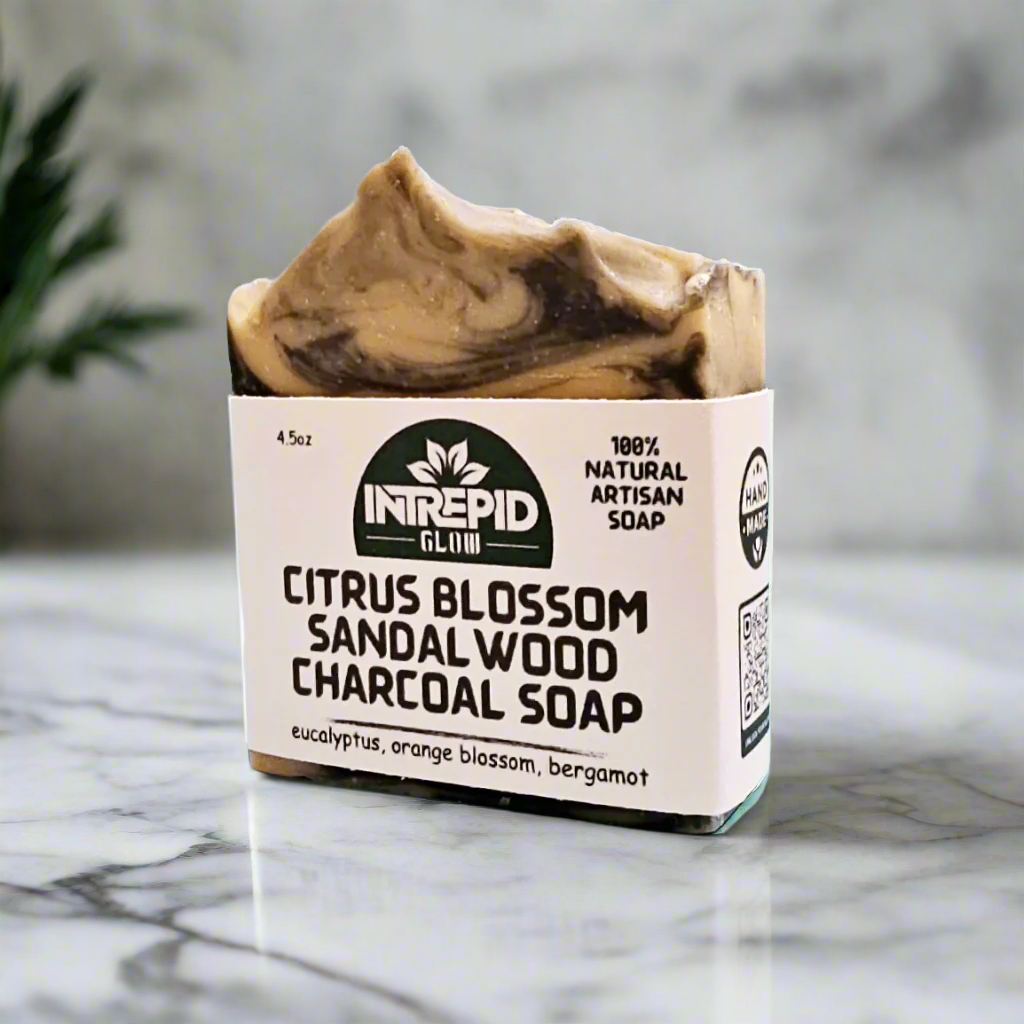citrusblossomactivatedcharcoalhandmadesoapfrontviewintrepidglow