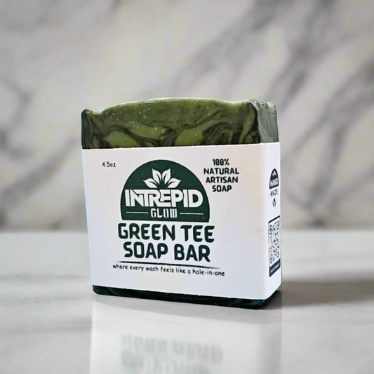 greenteesoapbargolfinspiredhandmadesoapfrontviewintrepidglowskincare